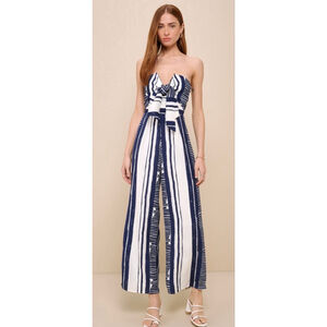 Lulu’s Delphi Blue and White Striped Tie-Front Strapless Jumpsuit Size XL
